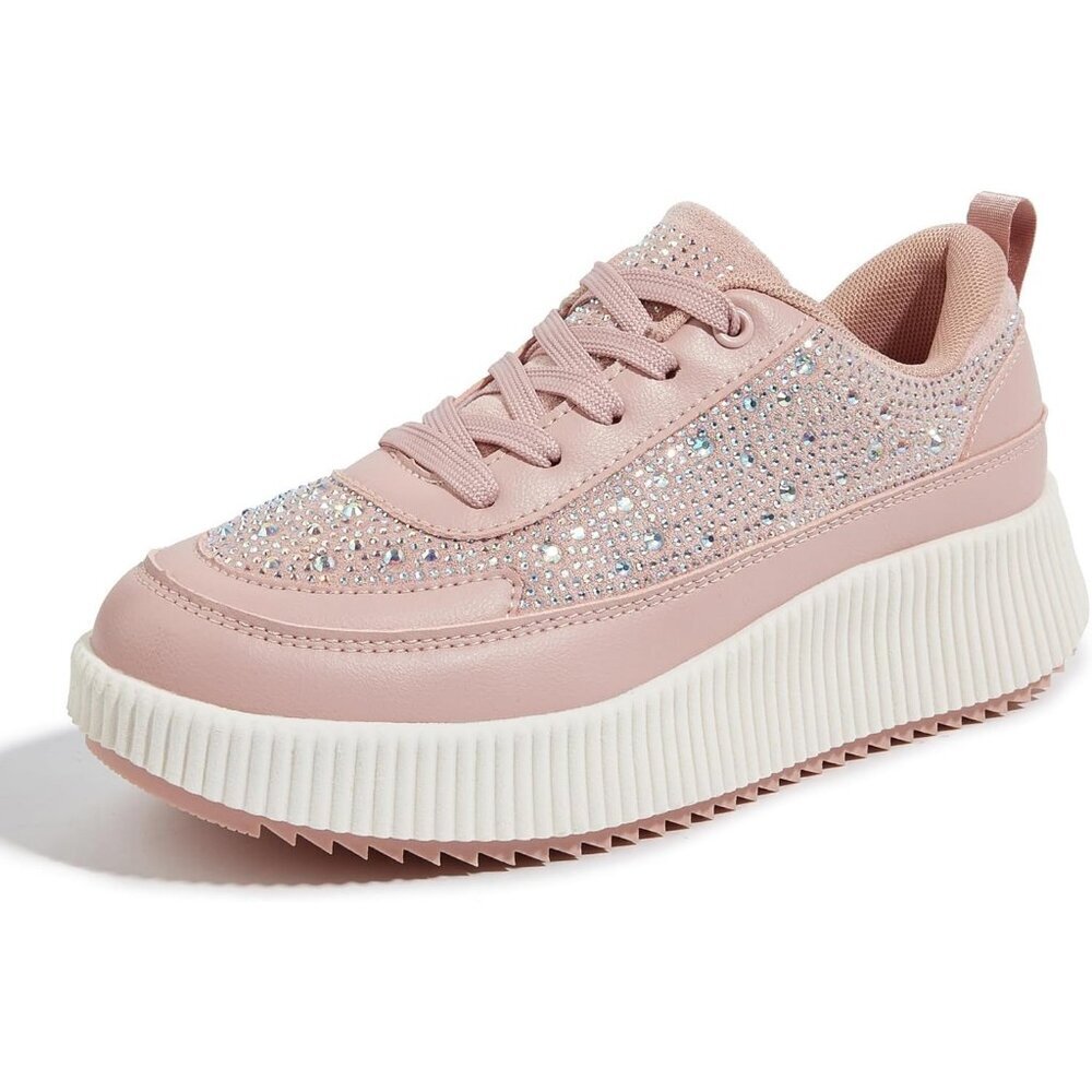 Lucky Step Women's Pink Rhinestone Platform Sneakers Fashion Chunky Shoes